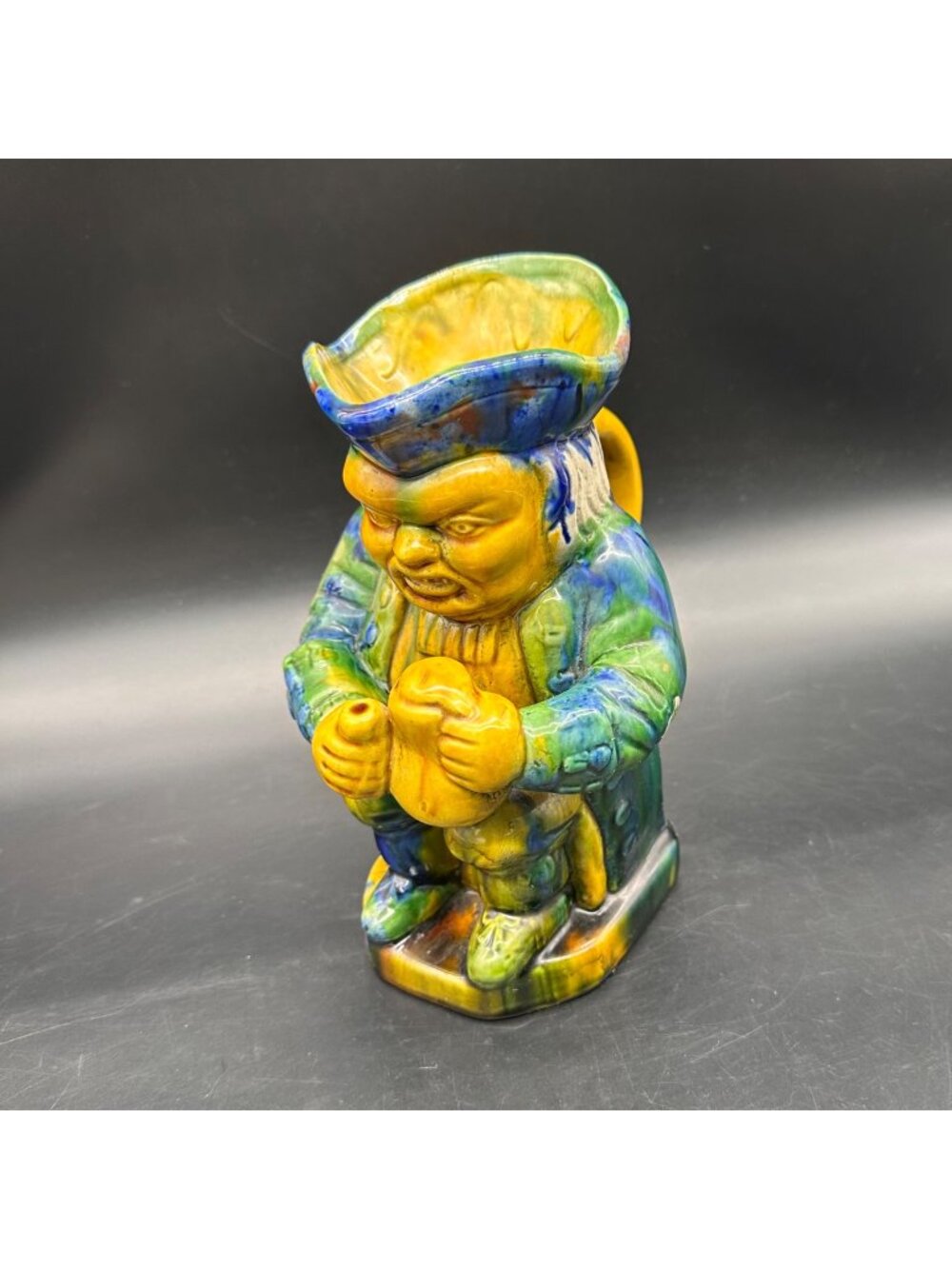 Vintage Toby Mug Jug Pitcher Grimacing John Bull Man Majolica Blue Green Yellow